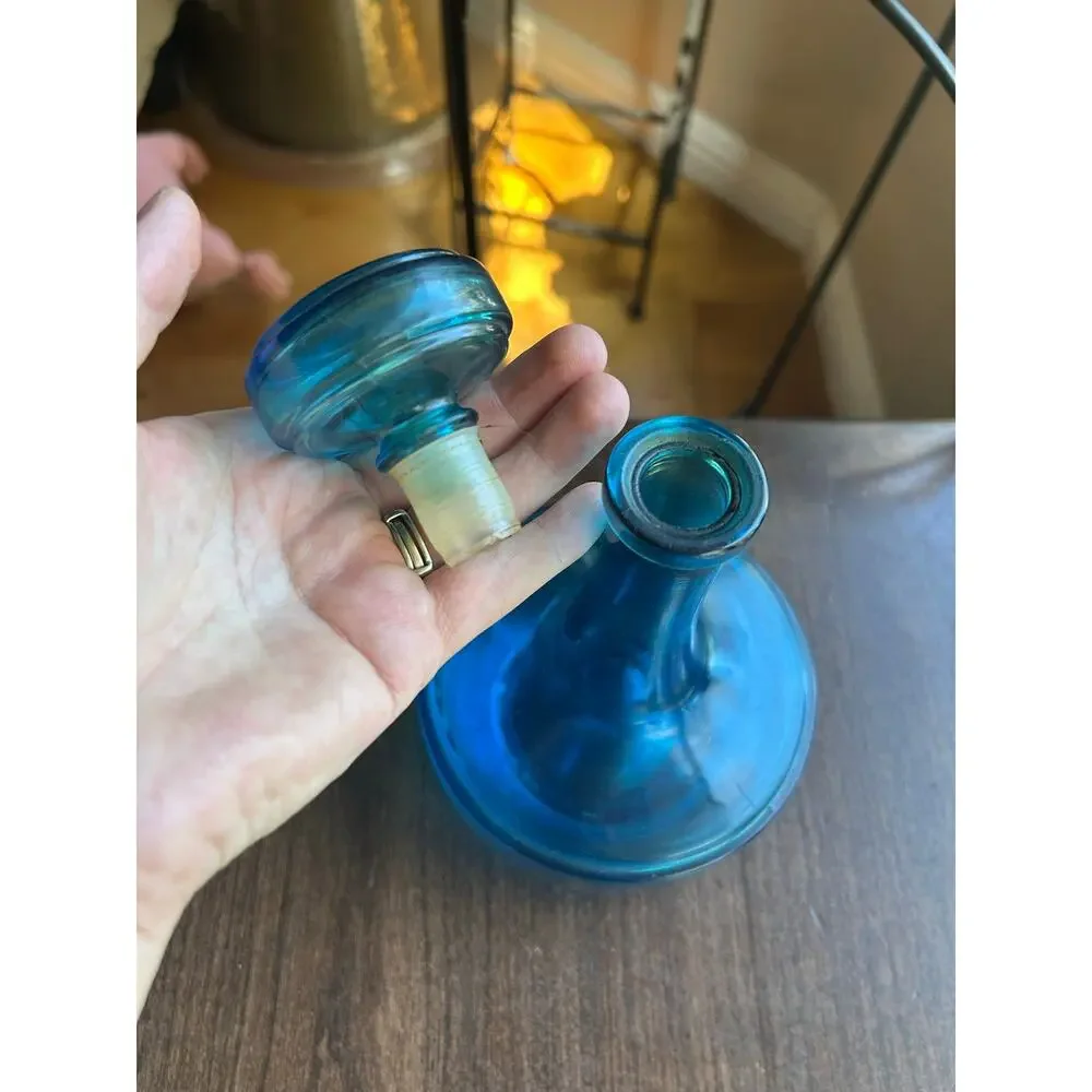 Vtg Mid Century Blue Decanter Bottle with Stopper 8.5